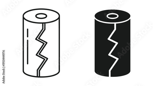 Line and Silhouette Icons of a Cylindrical Battery with a Crack