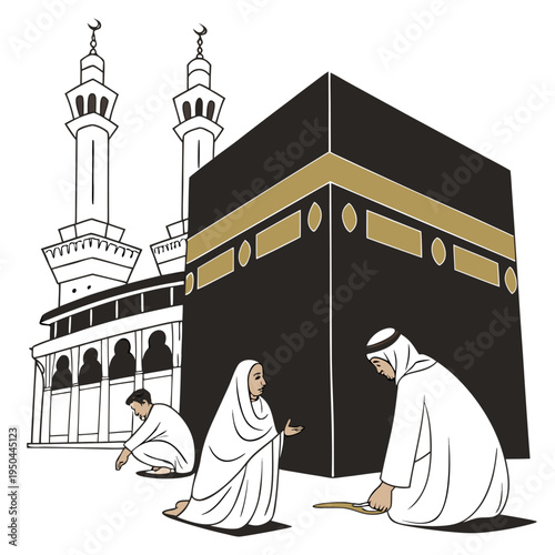 People in white robes praying near the kaaba