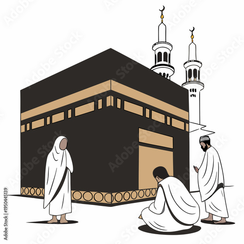 People in white robes standing in front of a black and gold building