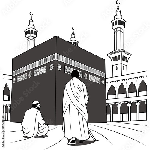 Two men in traditional robes in front of a mosque