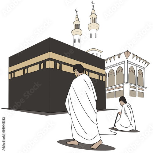 Two men in white robes standing in front of the kaaba