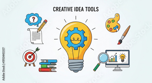 Creative idea tools and inspiration for innovation and problem solving with lightbulb and brainstorming icons