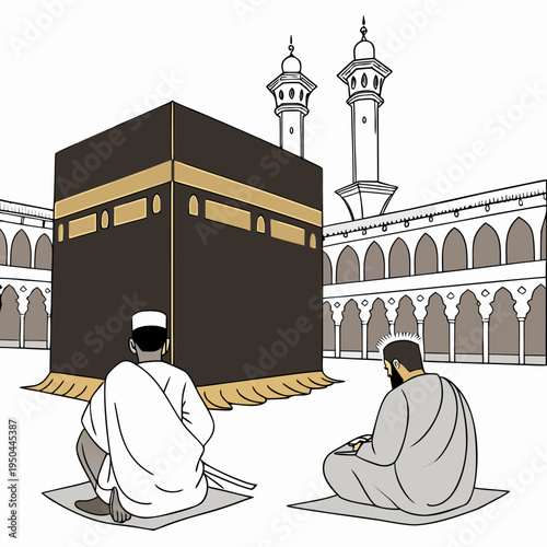 Two muslims praying in front of the kaaba