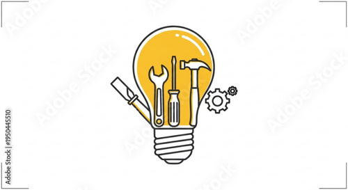 Creative idea light bulb with tools inside symbolizing innovation and problem solving in business and industry