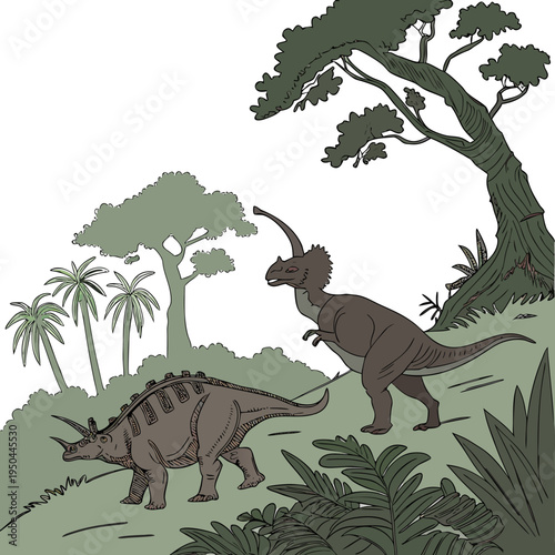A triceratops and a tyrannosaurus rex in a prehistoric forest