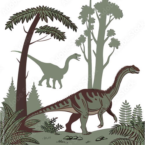 Two dinosaurs in a prehistoric forest with trees