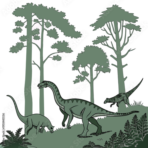 Three green dinosaurs standing on a grassy hill