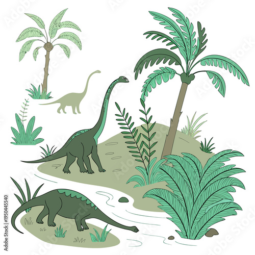 A group of dinosaurs standing on a small island