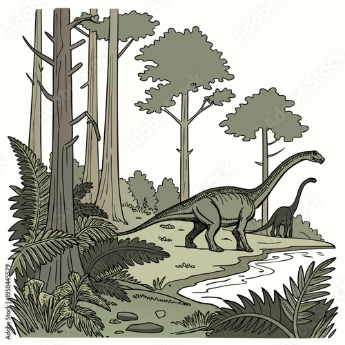A large and a small brachiosaurus in a forest
