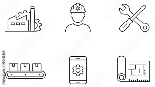Industrial and manufacturing line icons including factory worker tools conveyor belt smartphone automation and blueprint design