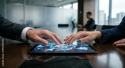 Professional business partners collaborating on digital tablet with network graphic in modern office meeting environment
