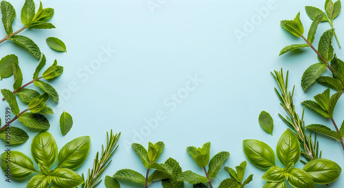 Minimal Green Leaf Botanical Frame on Light Blue Background