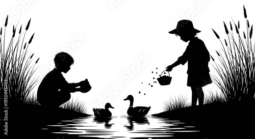 Silhouette of children feeding ducks by a pond with tall grass in a park
