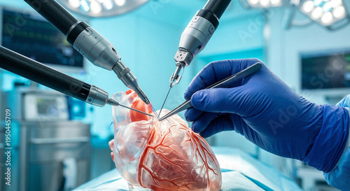 Robotic surgical tools and human hand performing precision heart surgery operation in hospital medical theatre setting