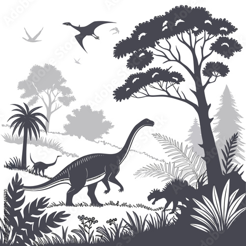 A group of dinosaurs and pterodactyls in a prehistoric forest