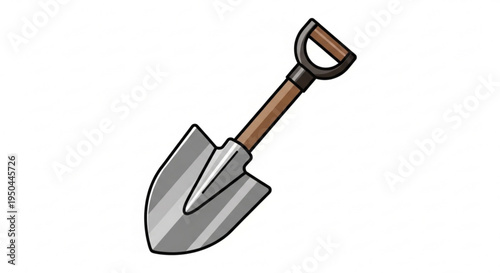 A silver shovel with a brown wooden handle and black metal grip on a plain white background