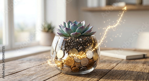 Success growth concept with succulent plant in glass jar filled with gold coins on wooden table and rising light arrow