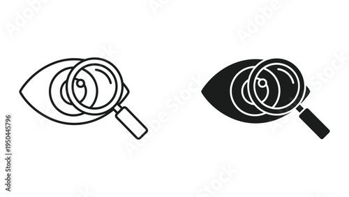 Eye and Magnifying Glass Icon Set: Search, Vision, Ophthalmology, Discovery, Research, Analysis