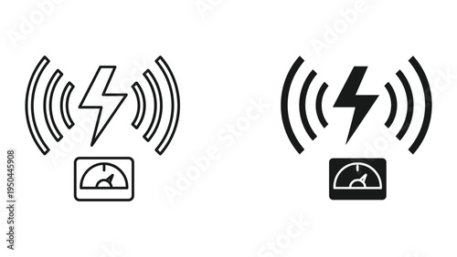 Wireless charging icon with power symbol and analog meter, line and solid versions