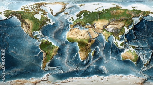 Detailed 3D relief map of Earth continents and ocean floor