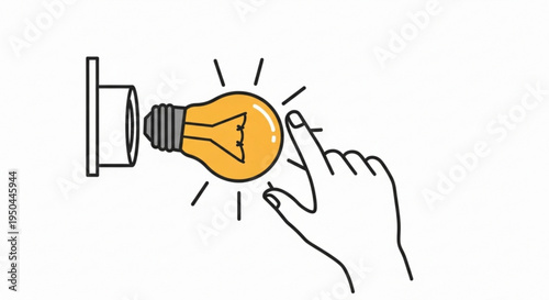 Hand turning on a bright yellow light bulb on wall with finger symbolizing idea and inspiration