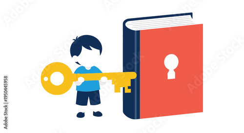 Boy Holding Large Key to Book.