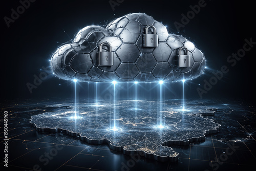 Sovereign cloud infrastructure made of interlocked silver hexagonal plates with brushed steel padlocks hovering over a secure geographic map representing data sovereignty and enterprise IT control