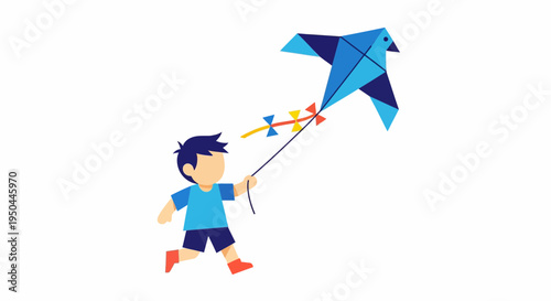 Boy playing with blue kite outdoors.