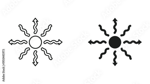 Sun rays radiation and heat energy icon symbol set, outline and filled style