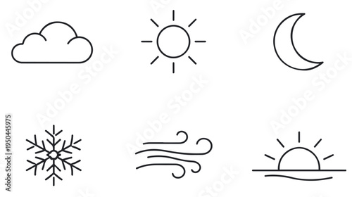 Black and white weather and time icons including cloud sun moon snowflake wind and sunrise representing atmospheric conditions and daily cycles
