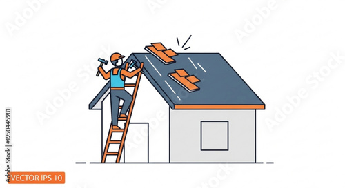 Man installing roofing shingles on a house with a ladder