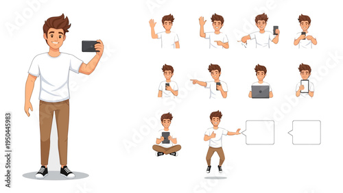 Tech-Savvy Youngster: A dynamic collection of illustrations showcases a young, tech-savvy individual interacting with various devices, expressing different emotions and gestures. 