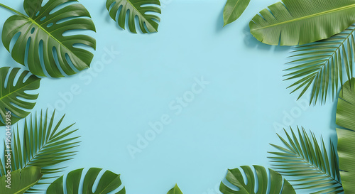 Tropical Monstera and Palm Leaf Frame on Blue Background