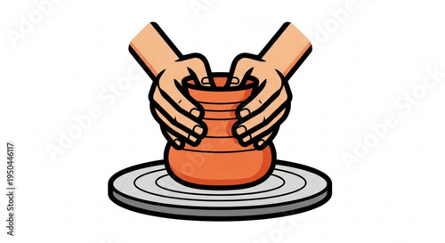 Hands shaping clay pottery on a spinning wheel creating a ceramic vessel with precision and care