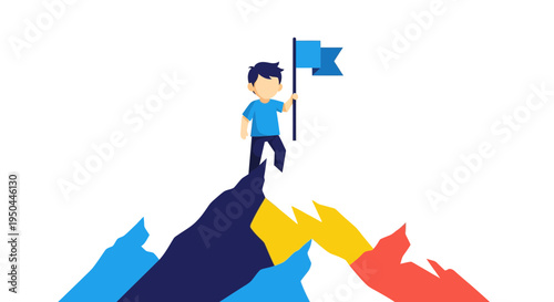 Man standing on mountain with flag.