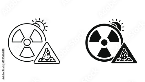 Radiation Warning Symbol with Sun and Rockslide Danger Sign