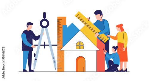 People working on house blueprint together.