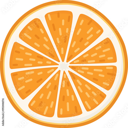 Fresh round orange slice with juicy pulp. Bright sweet fruit isolated on white