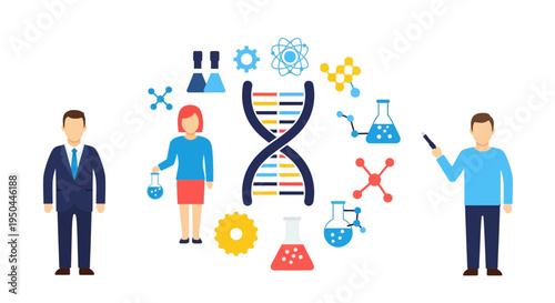 Scientists working with DNA helix model.