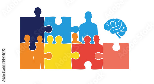 Puzzle pieces with human brain symbol.