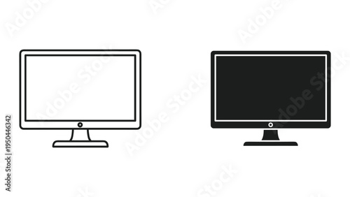 Computer Monitor Icon Set - Outline and Solid Black, Isolated on White Background