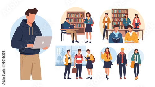 Knowledge Seekers: A collection of diverse students immersed in the world of learning, reading, and research in libraries, universities, and schools, exploring the essence of education, knowledge.