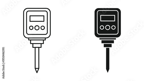 Digital Soil Meter Icon Set: Line Art and Solid Black. Measure pH, Moisture, Temperature