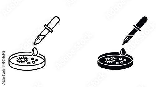 Microbiology research icons: pipette dropping liquid onto petri dish with bacteria and cells