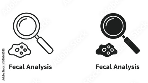 Fecal Analysis Icon Set: Magnifying Glass Inspecting Stool Sample for Health Check