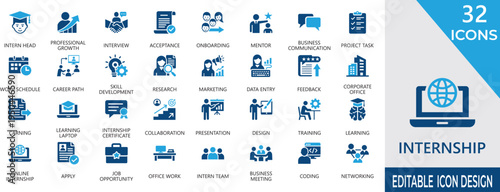 minimalist internship icons for trainee programs, interview, presentation, development, student, placement, professional, and hr onboarding ui.