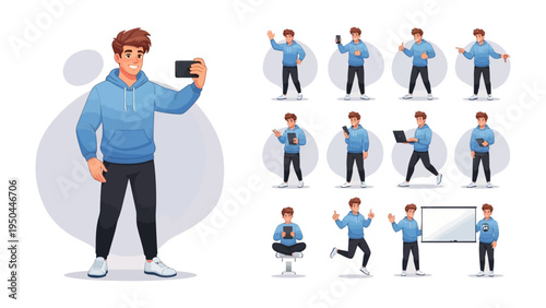 Man's Daily Routine Cartoon: A cartoon illustration showcases a modern man in various poses, engrossed in his daily routine using modern devices like a phone, laptop, and tablet.