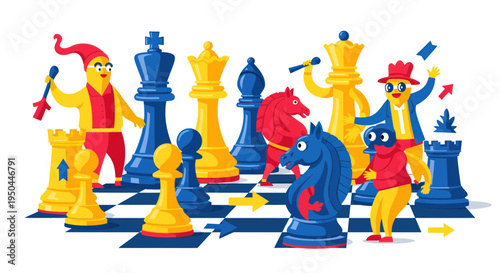 Cartoon Chess Game with Whimsical Characters and Colorful Pieces