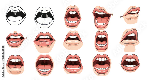 Collection of Diverse Mouth Expressions, Lips Open Showing Teeth and Tongue