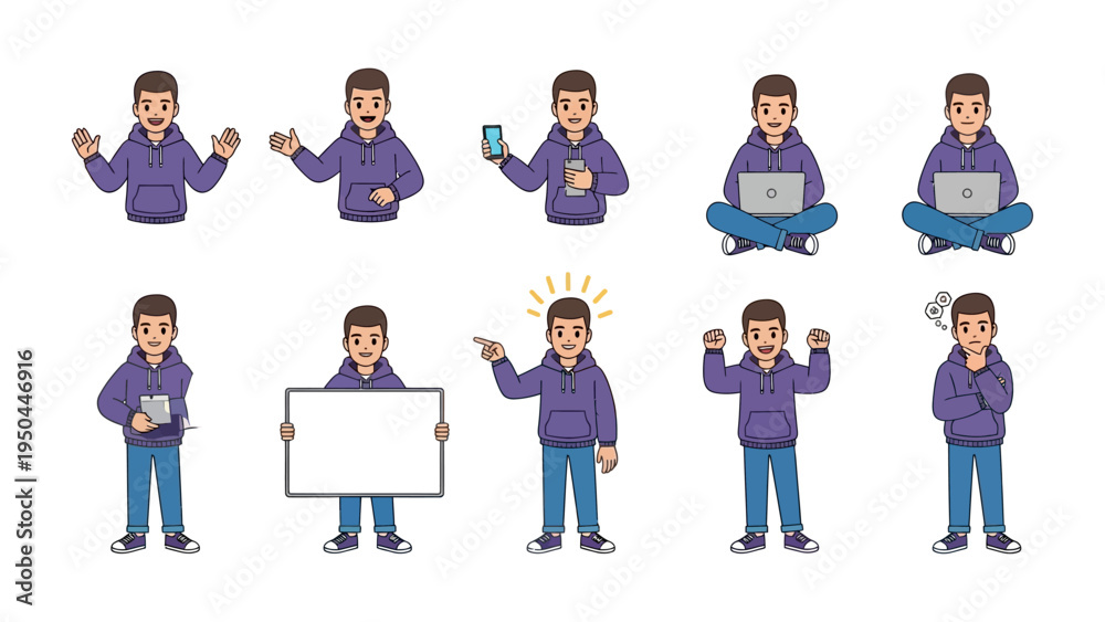 Fototapeta premium Person's Illustration in Various Gestures: A set of illustrations depicts a single person in a variety of poses and actions, showcasing different emotions and activities. 